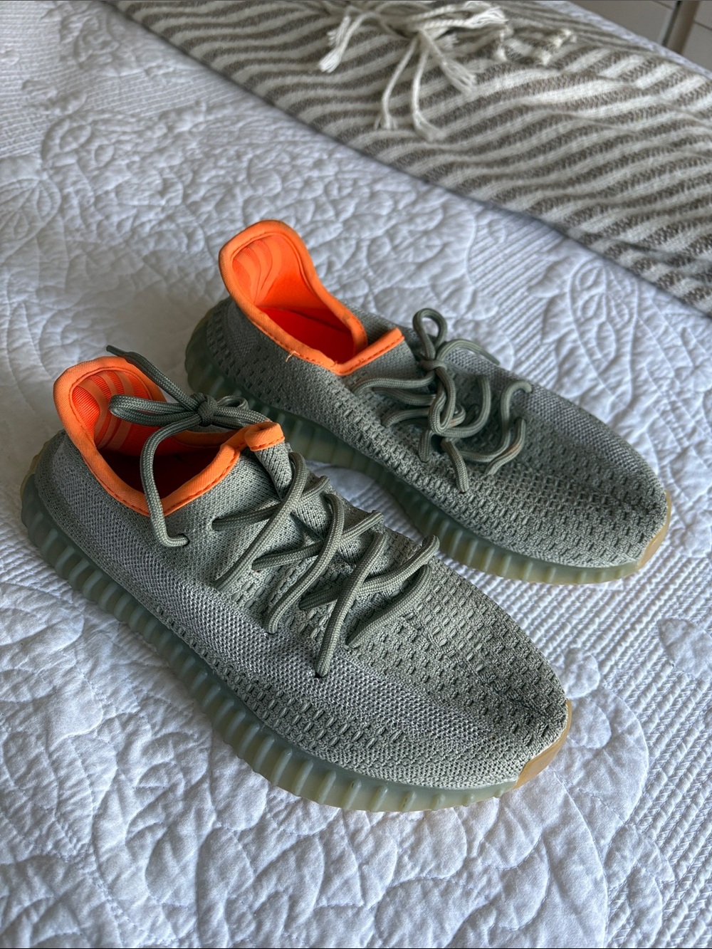 Olive Green Knit Sneakers with Orange Collar